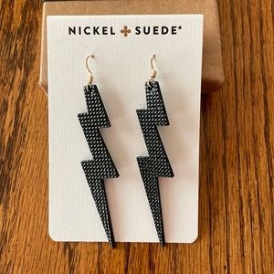 Nickel & Suede black leather lightning bolt earrings.